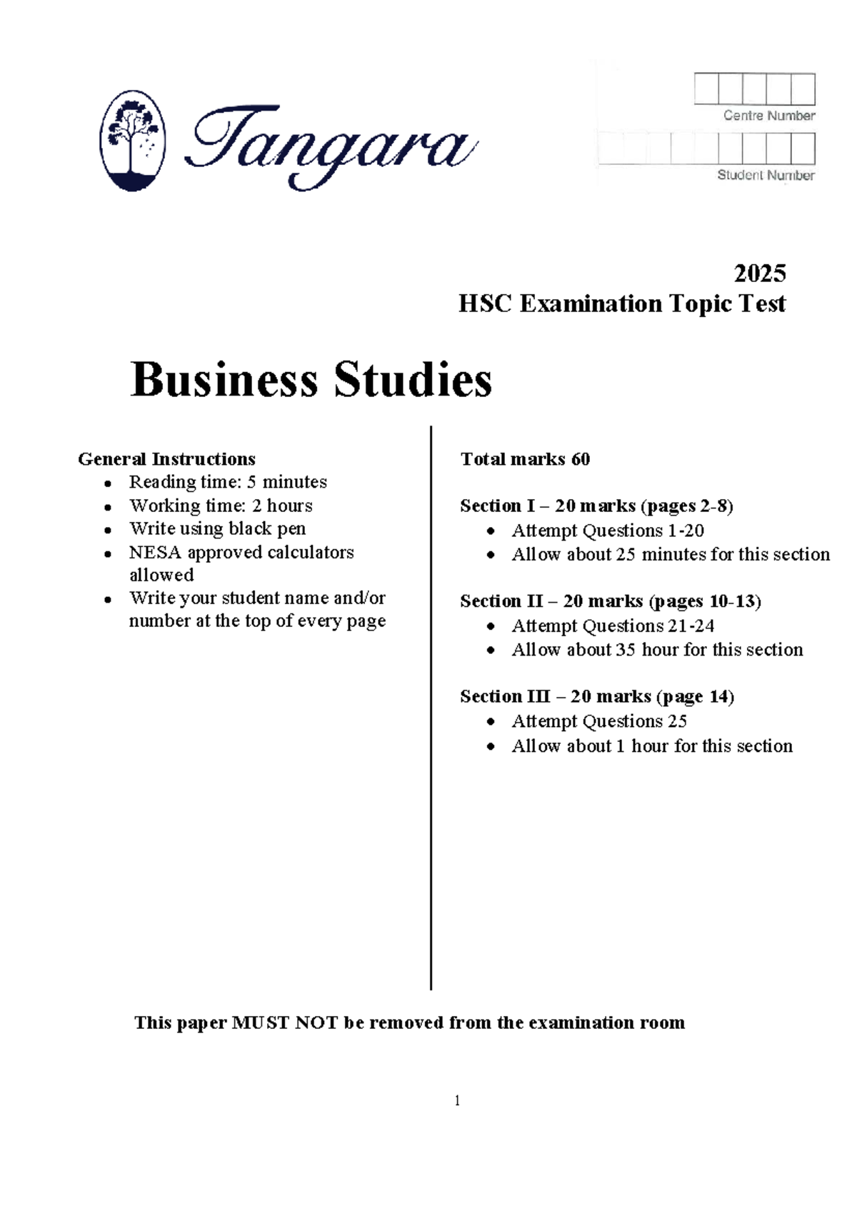 Y12 Business Studies Topic Test 2025: HSC Exam Instructions & Questions ...