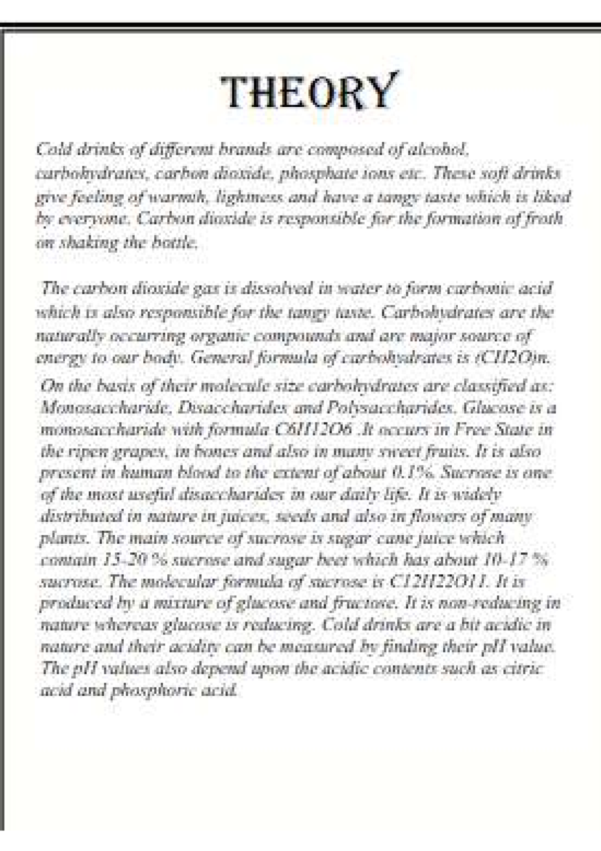 THEORY Cold Drinks Analysis: Composition & Experiments (CHEM 101) - Studocu