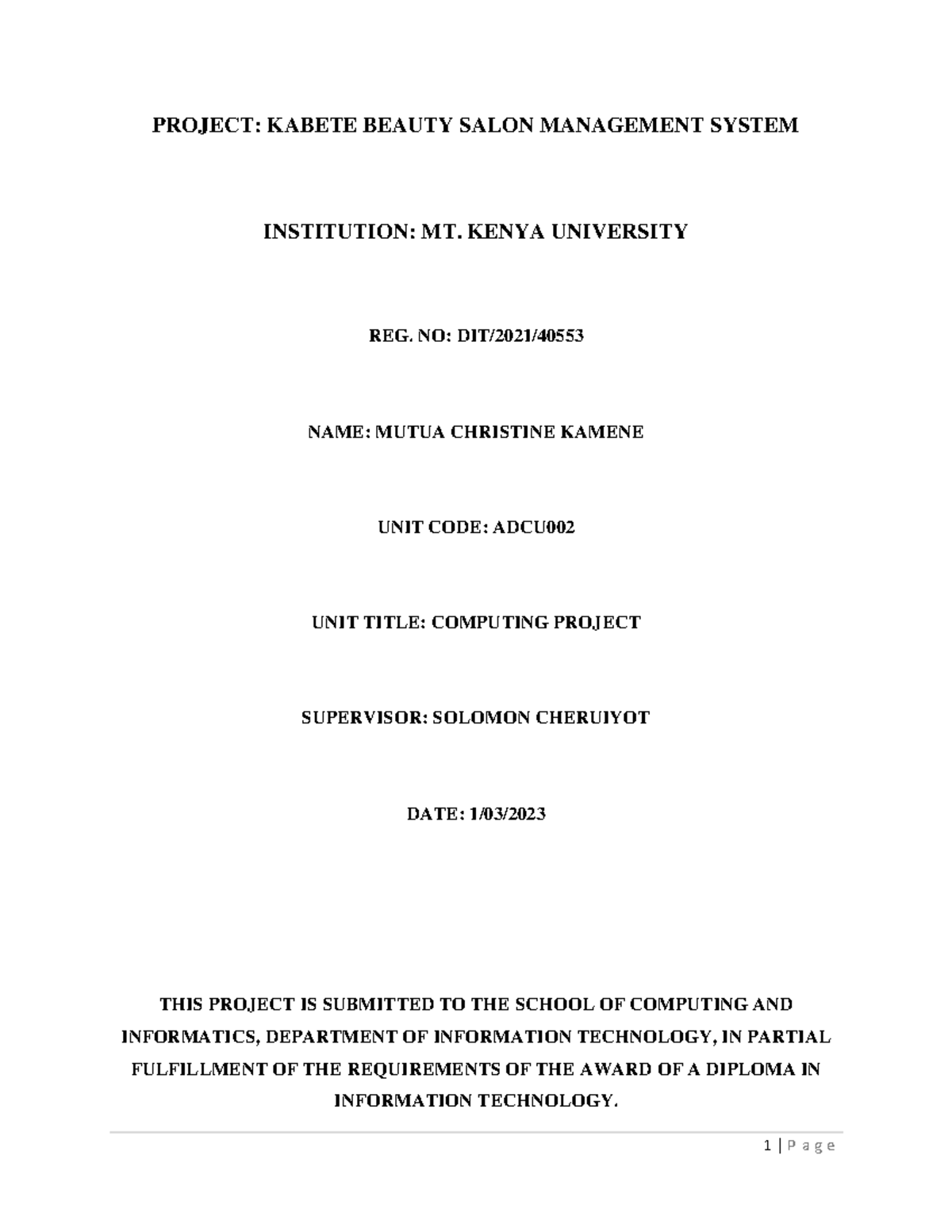 Kabete Beauty Salon Management System Project Report (ADCU) - Studocu