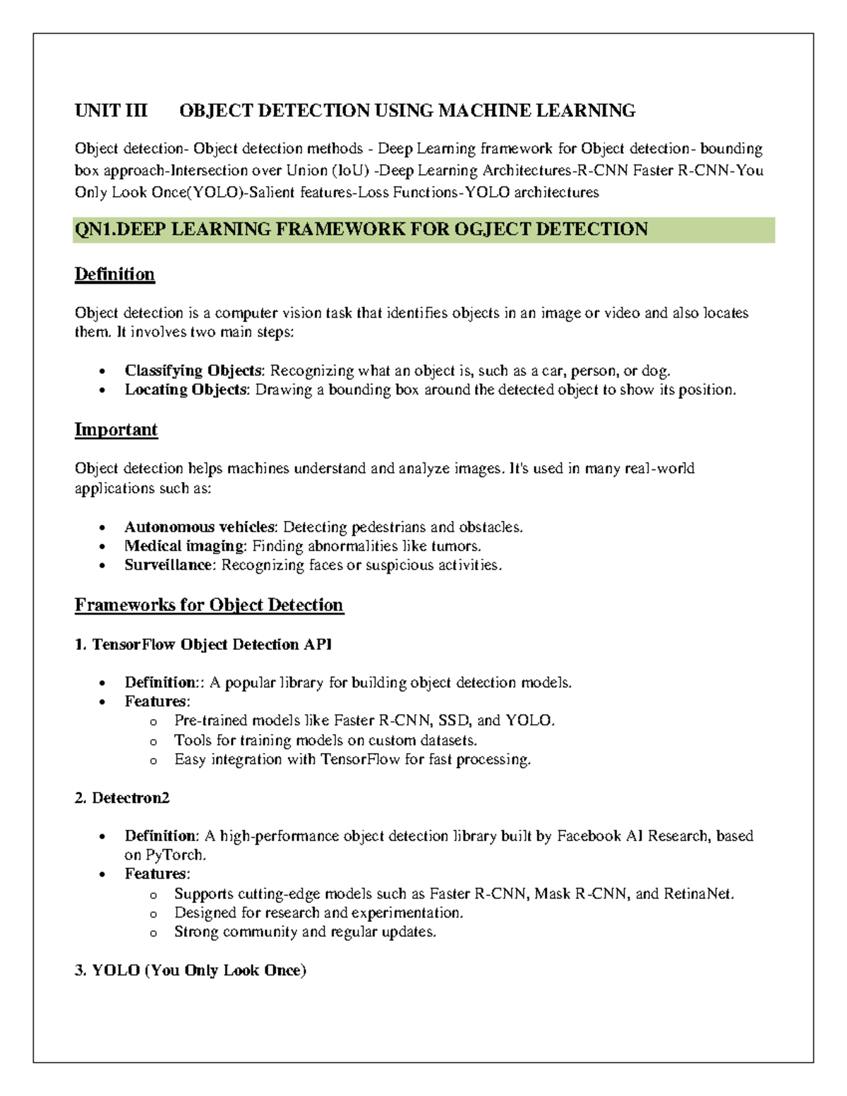 Object Detection Using Machine Learning: Unit III Study Notes - Studocu