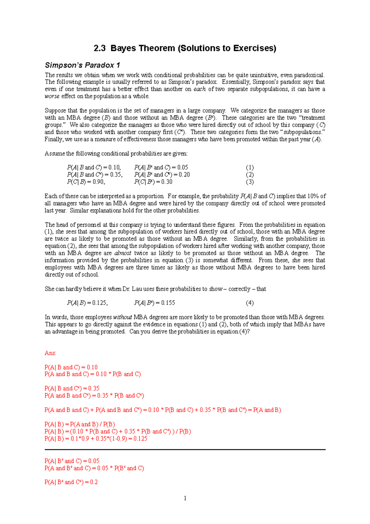 2.3 Bayes Theorem: Solutions and Insights on Simpson's Paradox - Studocu