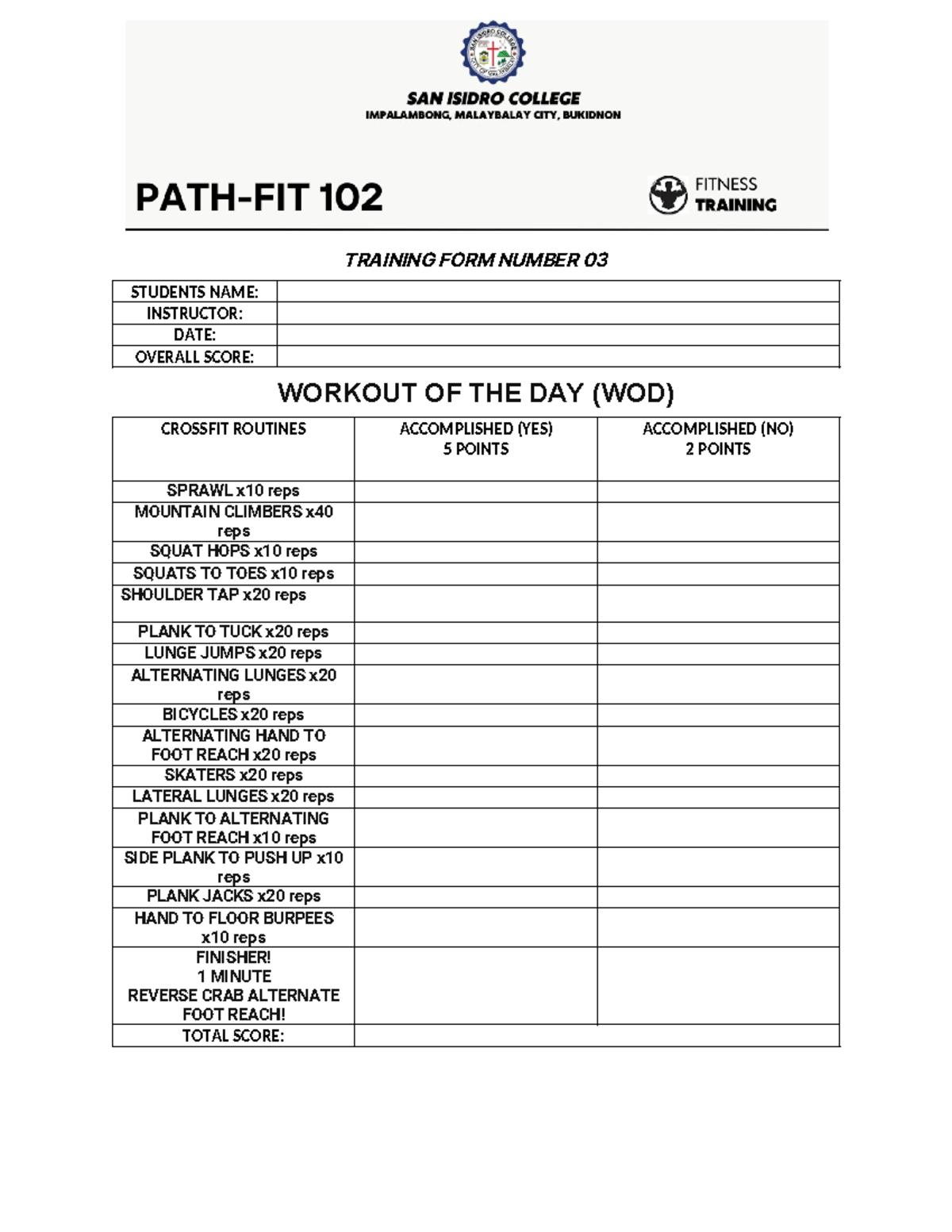 Fitness Training WOD Document - Training Form 03 - Studocu