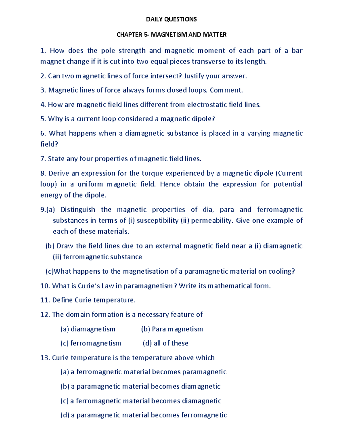 DAILY QUESTIONS CH 5: MAGNETISM AND MATTER - Studocu