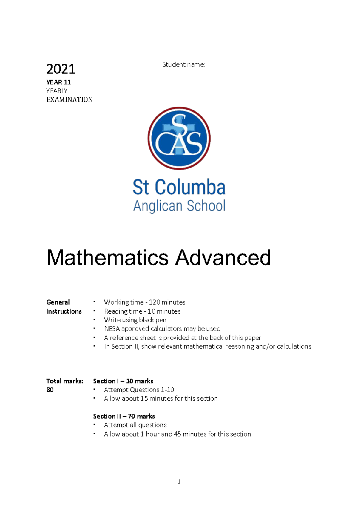Year 11 Mathematics Advanced 2021 Yearly Exam Paper - Studocu