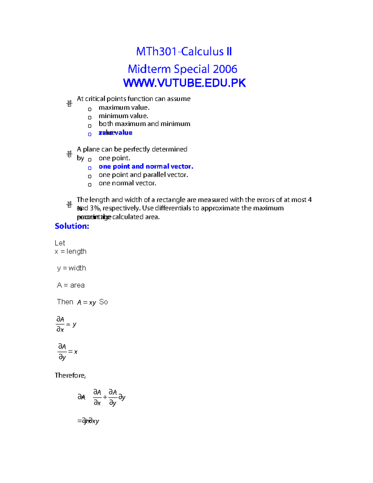Calculus II - MTH301 Special 2006 Midterm Exam Solutions and Notes ...