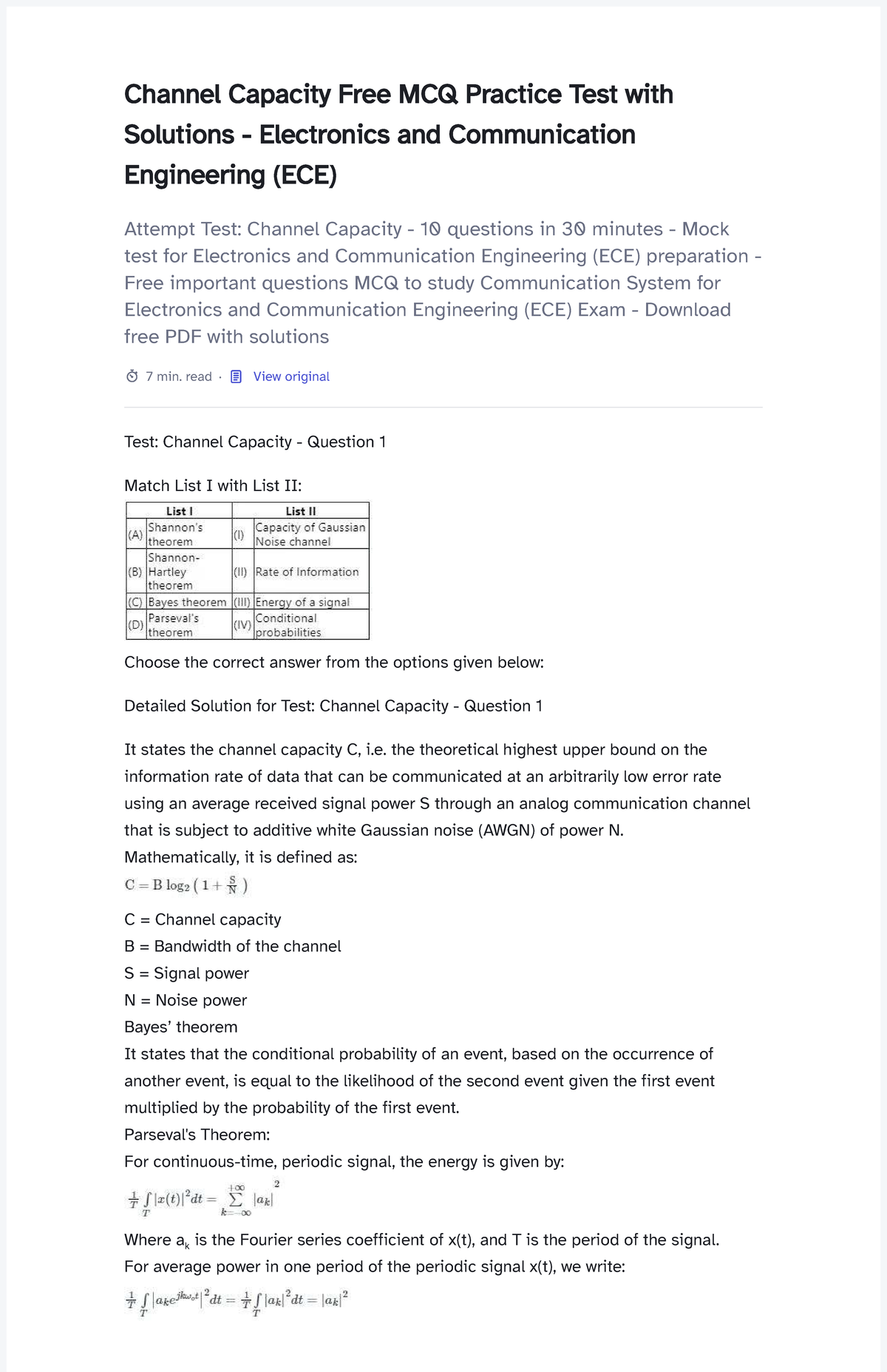 Channel Capacity MCQ Practice Test Solutions for ECE Exam - Studocu