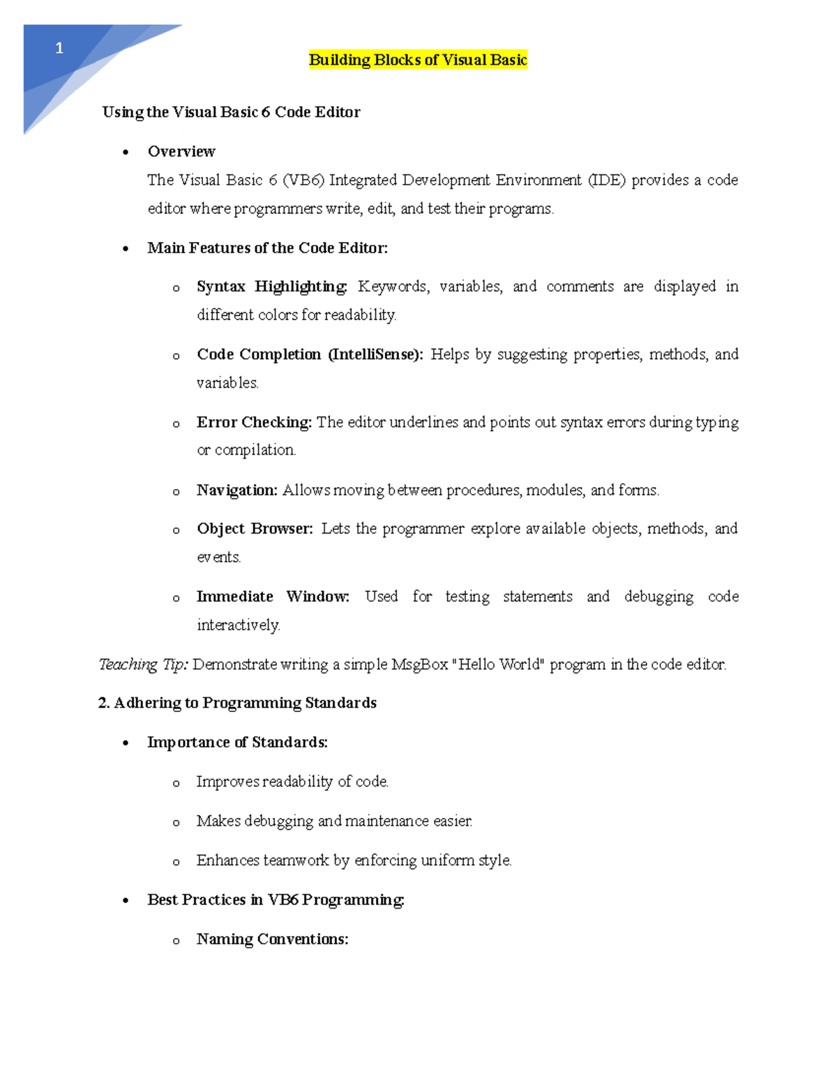Building Blocks of Visual Basic 6: Lecture Notes and Overview - Studocu