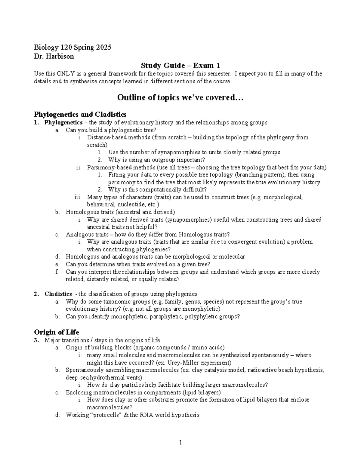 Biology 120 Study Guide: Key Topics for Exam 1 - Spring 2025 - Studocu
