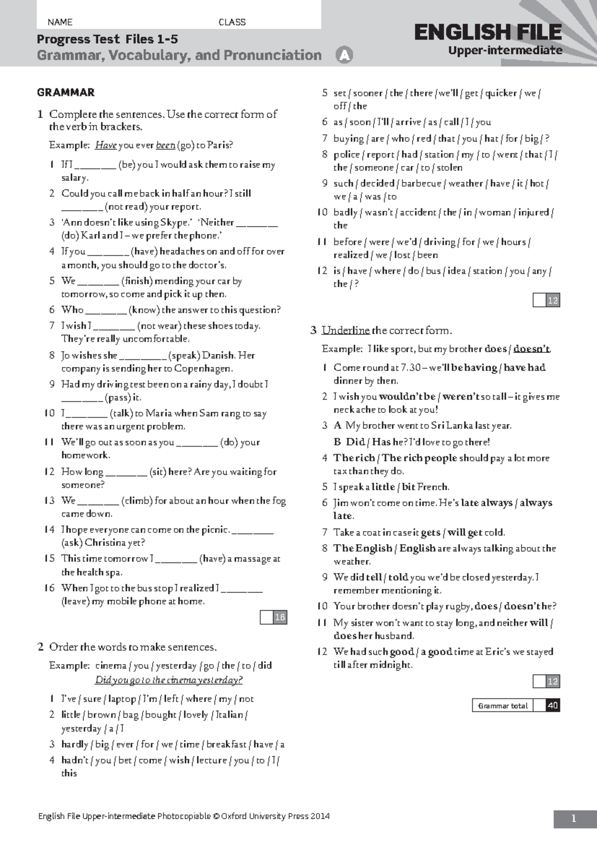 Progress Test Files 1–5: Grammar, Vocabulary & Pronunciation for Upper ...