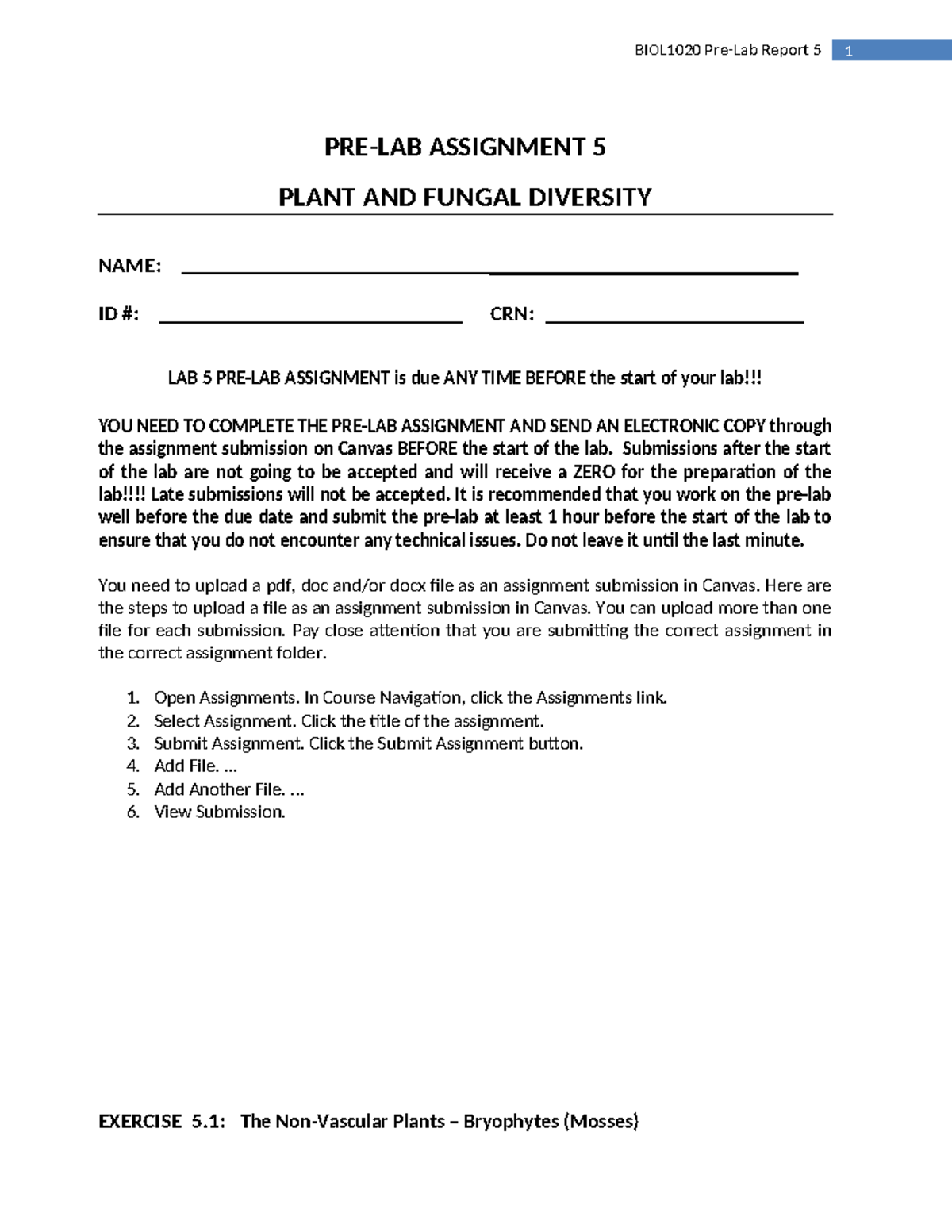 BIOL1020 Lab 5 Pre-Lab Assignment: Plant & Fungal Diversity - Studocu