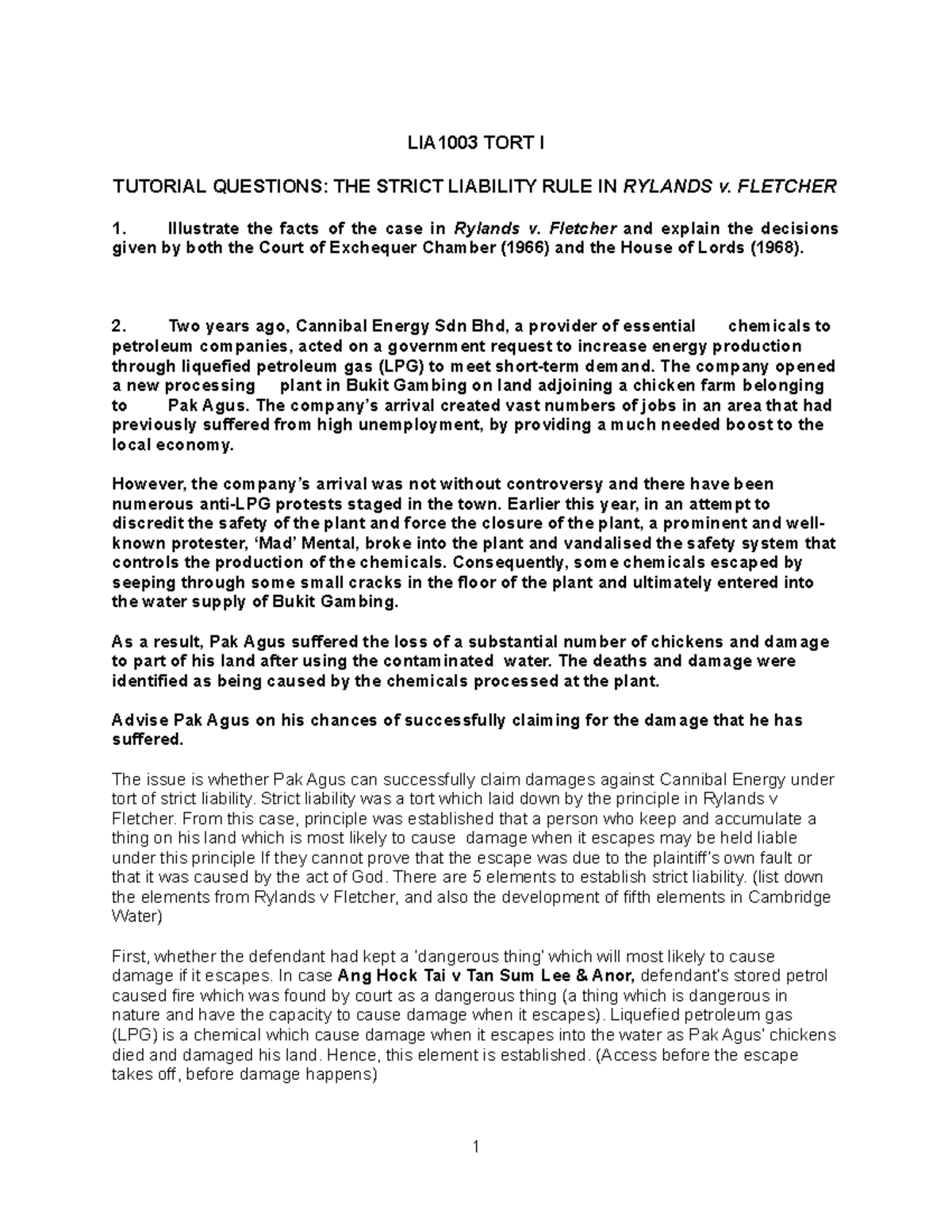 LIA1003 TORT I: Strict Liability Analysis in Rylands v. Fletcher Case ...