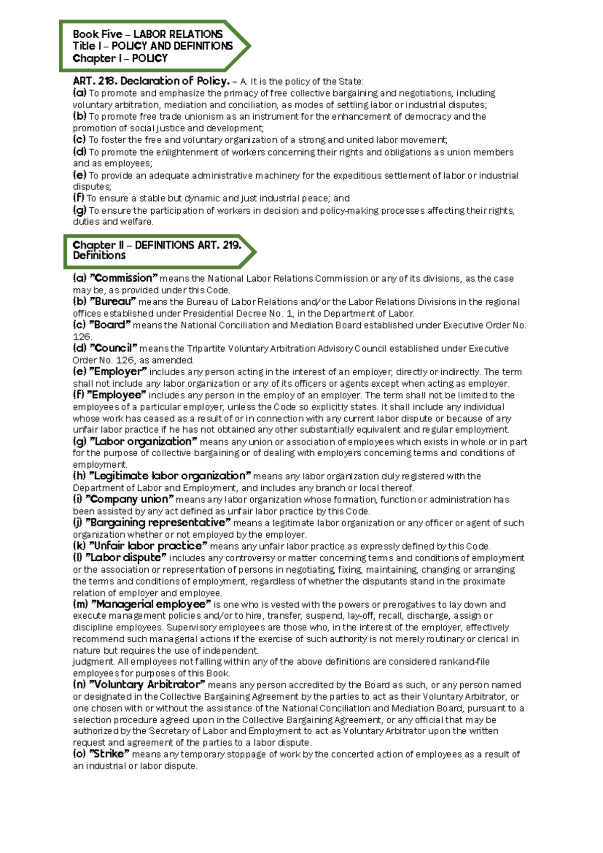 Labor CODE Final EXAM Coverage - Book Five – LABOR RELATIONS Title I ...