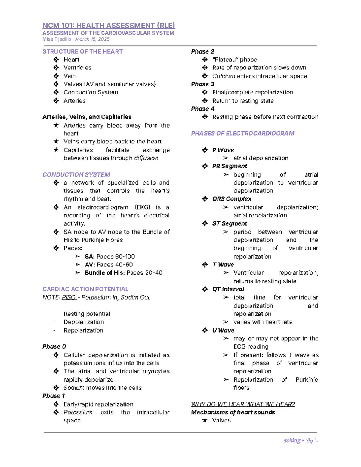NCM 101: HEALTH ASSESSMENT (RLE) - CARDIOVASCULAR SYSTEM NOTES - Studocu
