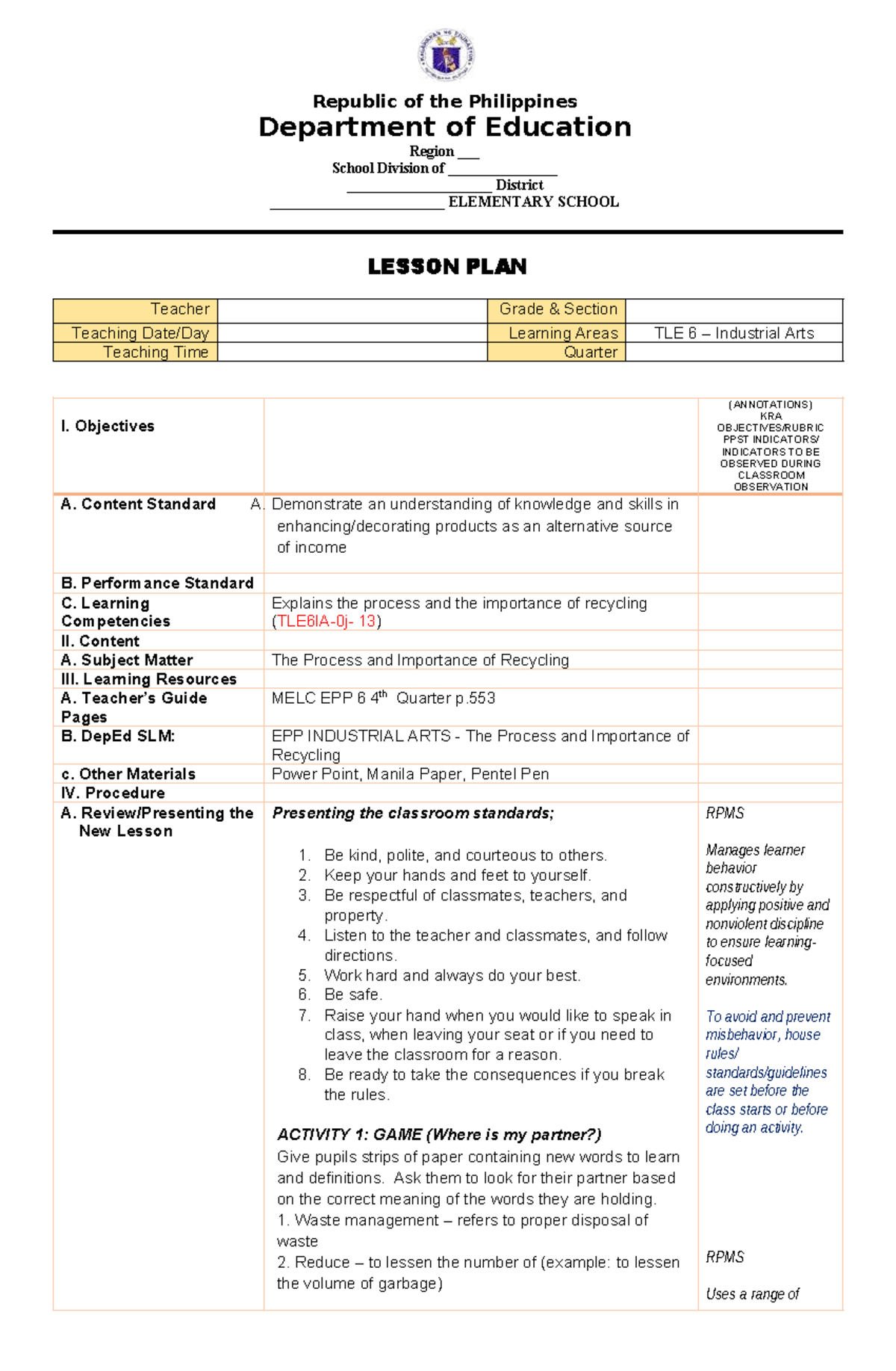 TLE 6 Lesson Plan: The Process and Importance of Recycling - Studocu