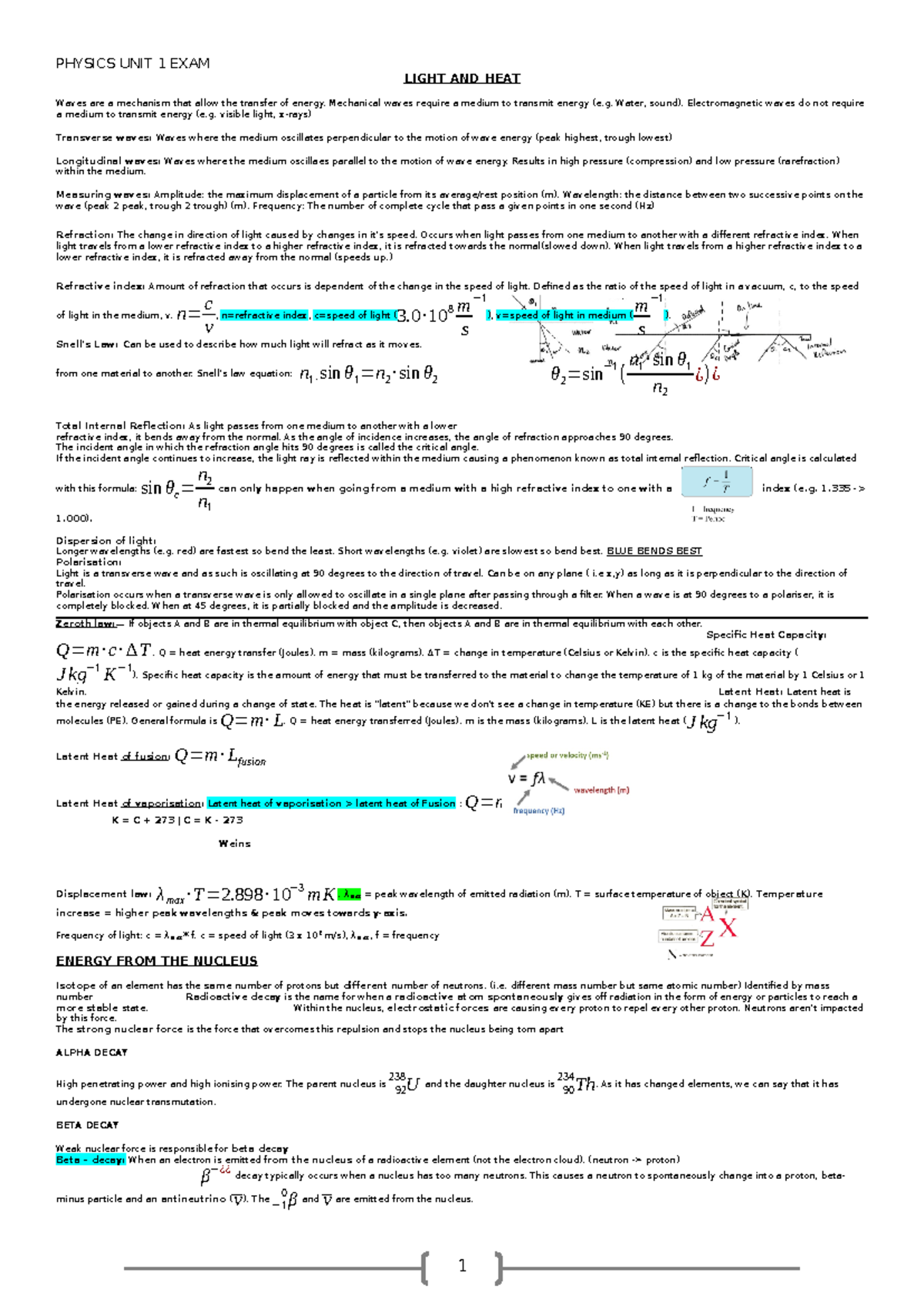 PHYS101 Final Exam Light and Heat, Energy, and Electricity Cheat Sheet ...