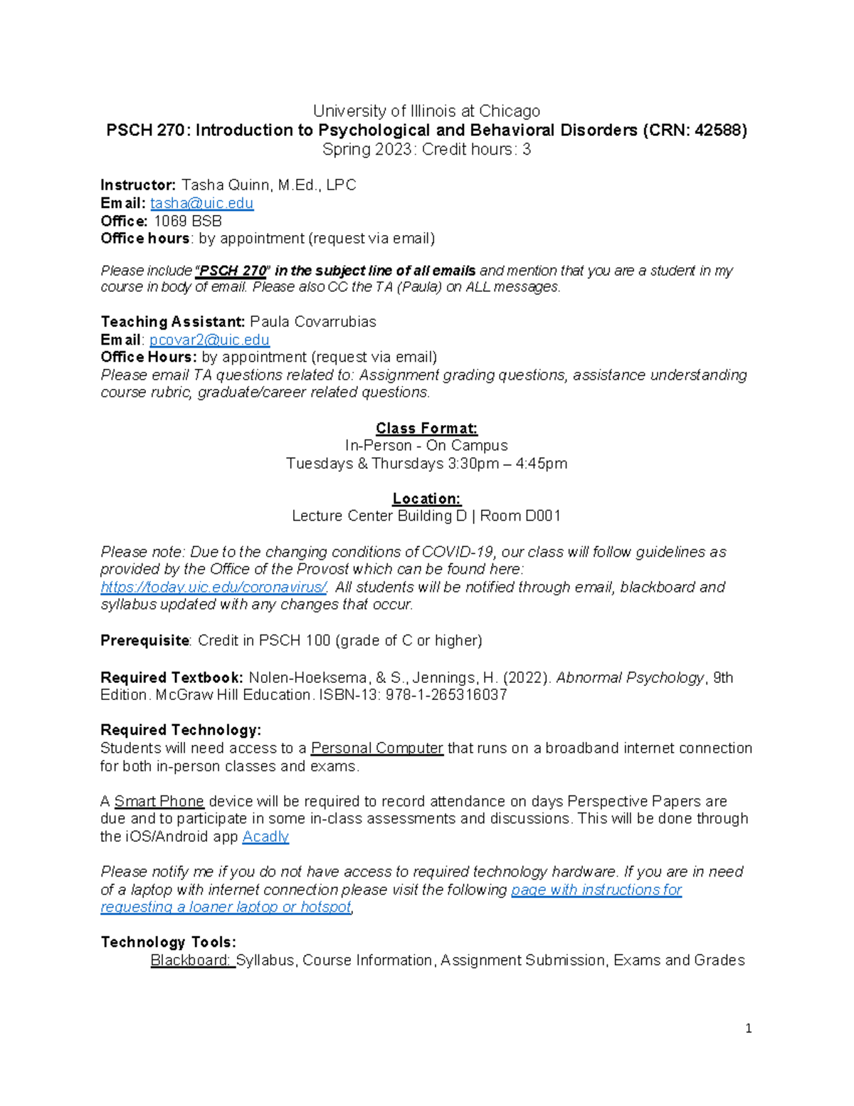 PSCH 270-Syllabus-Introduction to Psychological Disorders-Spring 2023 ...