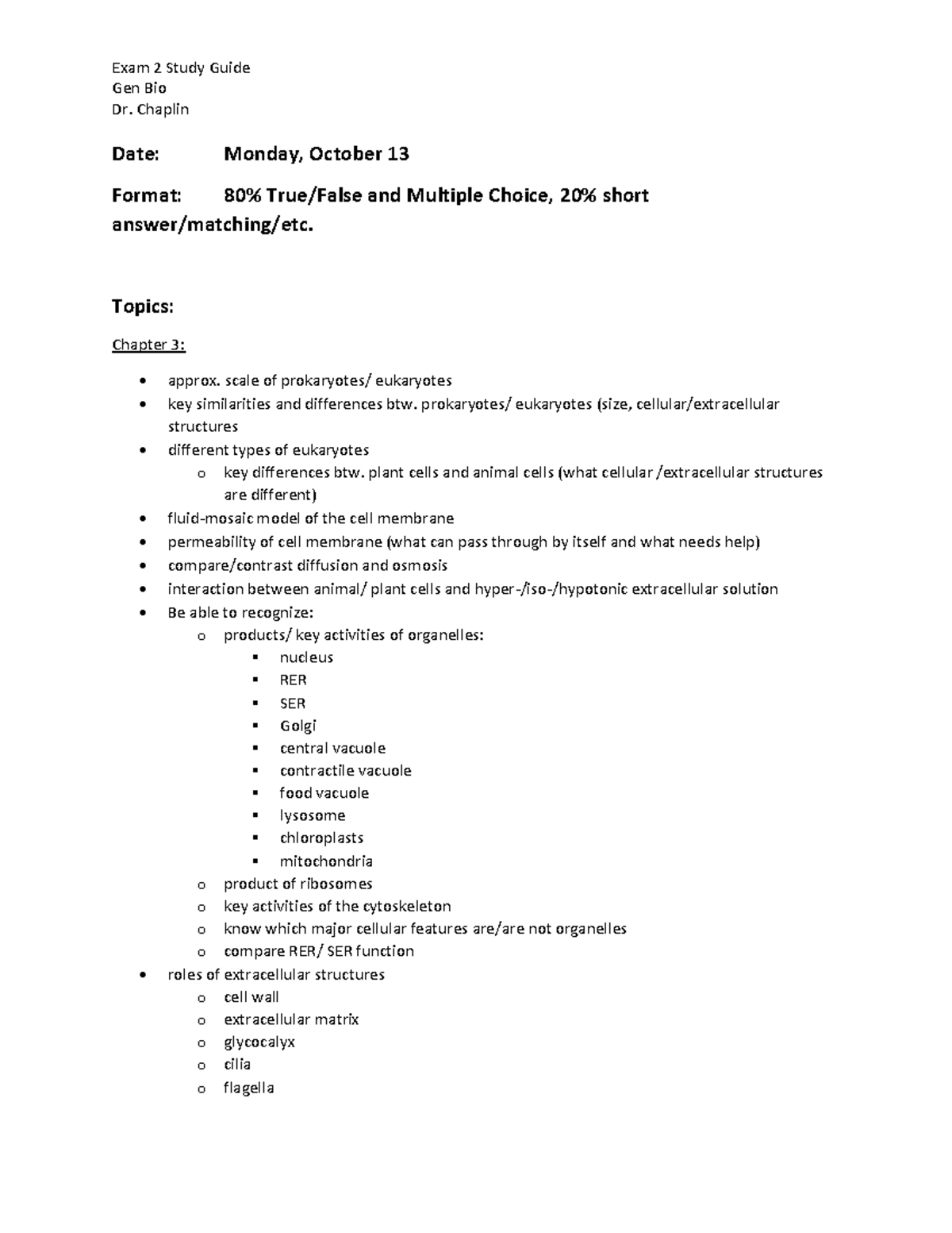 Exam 2 Study Guide for General Biology (BIOL 101) - Dr. Chaplin - Studocu