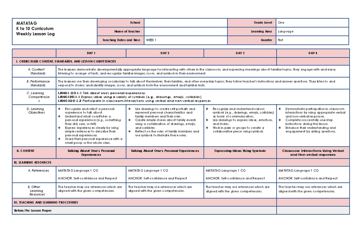 Makabansa 1 Q1 W1 Matatag Lesson Plan and Curriculum Guide - Studocu