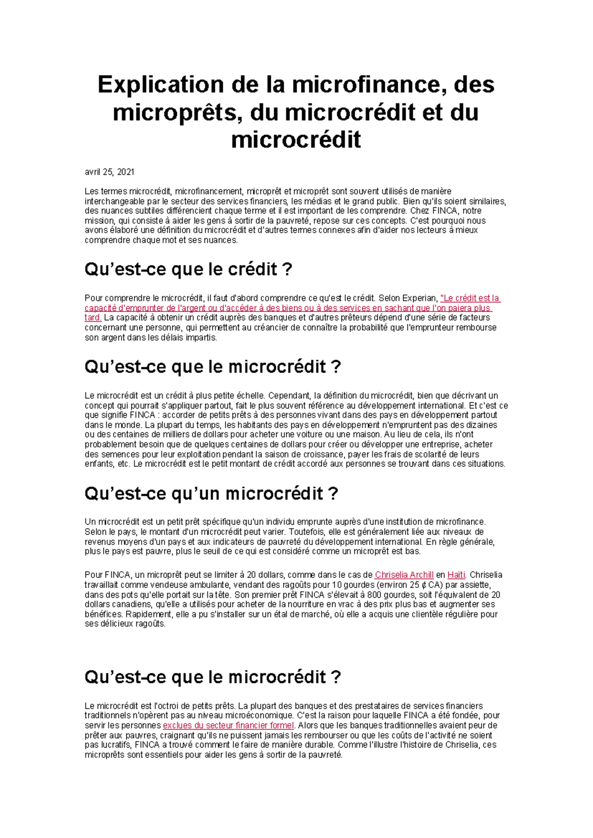 Explication du microcrédit et de la microfinance - FINCA Insights - Studocu