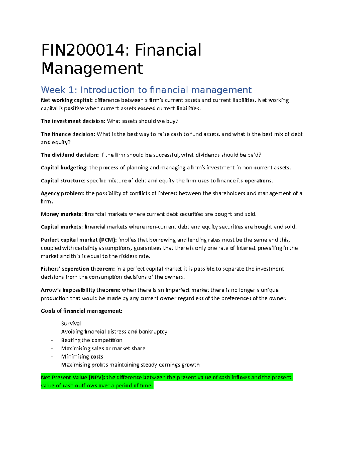 FIN2000 Final Exam Financial Management Study Notes - Studocu