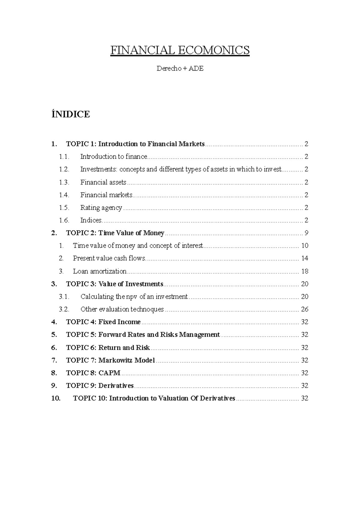 FINANCIAL ECONOMICS ADE: Comprehensive Study Notes on Key Topics - Studocu