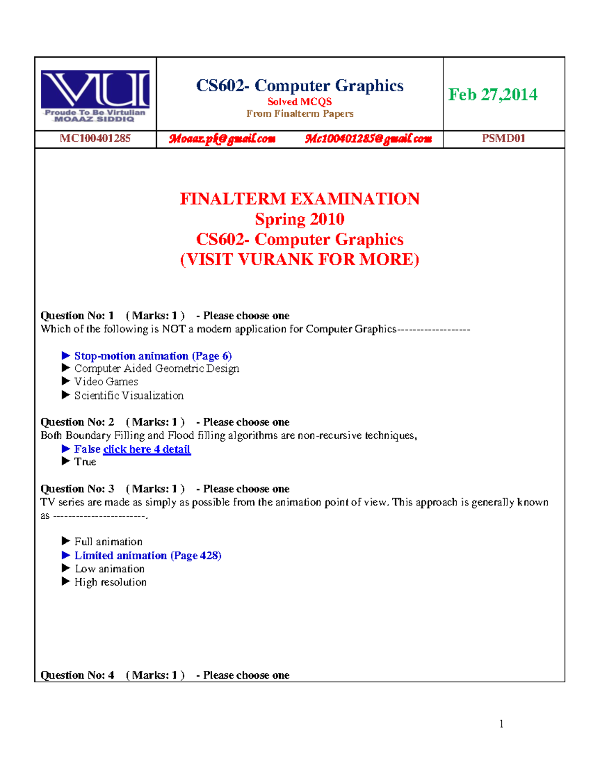 Cs602 Finalterm Solved Mcqs By Moaaz Cs602 Computer Graphics Solved