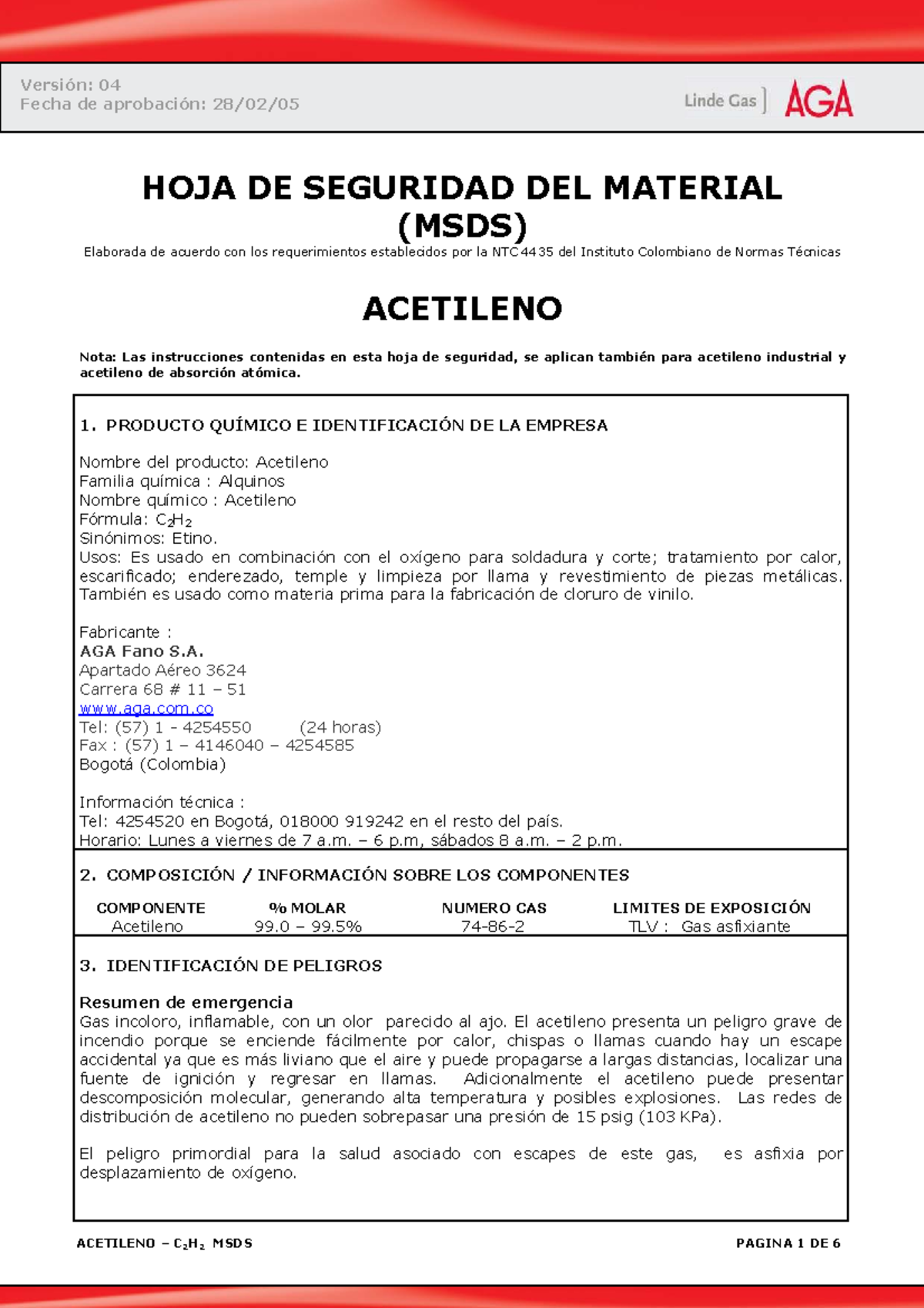 MSDS Acetileno (C2H2) - Hoja de Seguridad del Material - Studocu