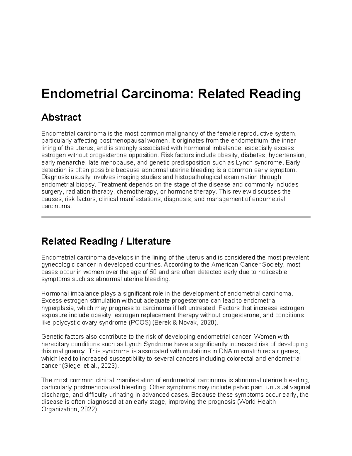 Endometrial Carcinoma: Overview, Risk Factors, and Management - Studocu
