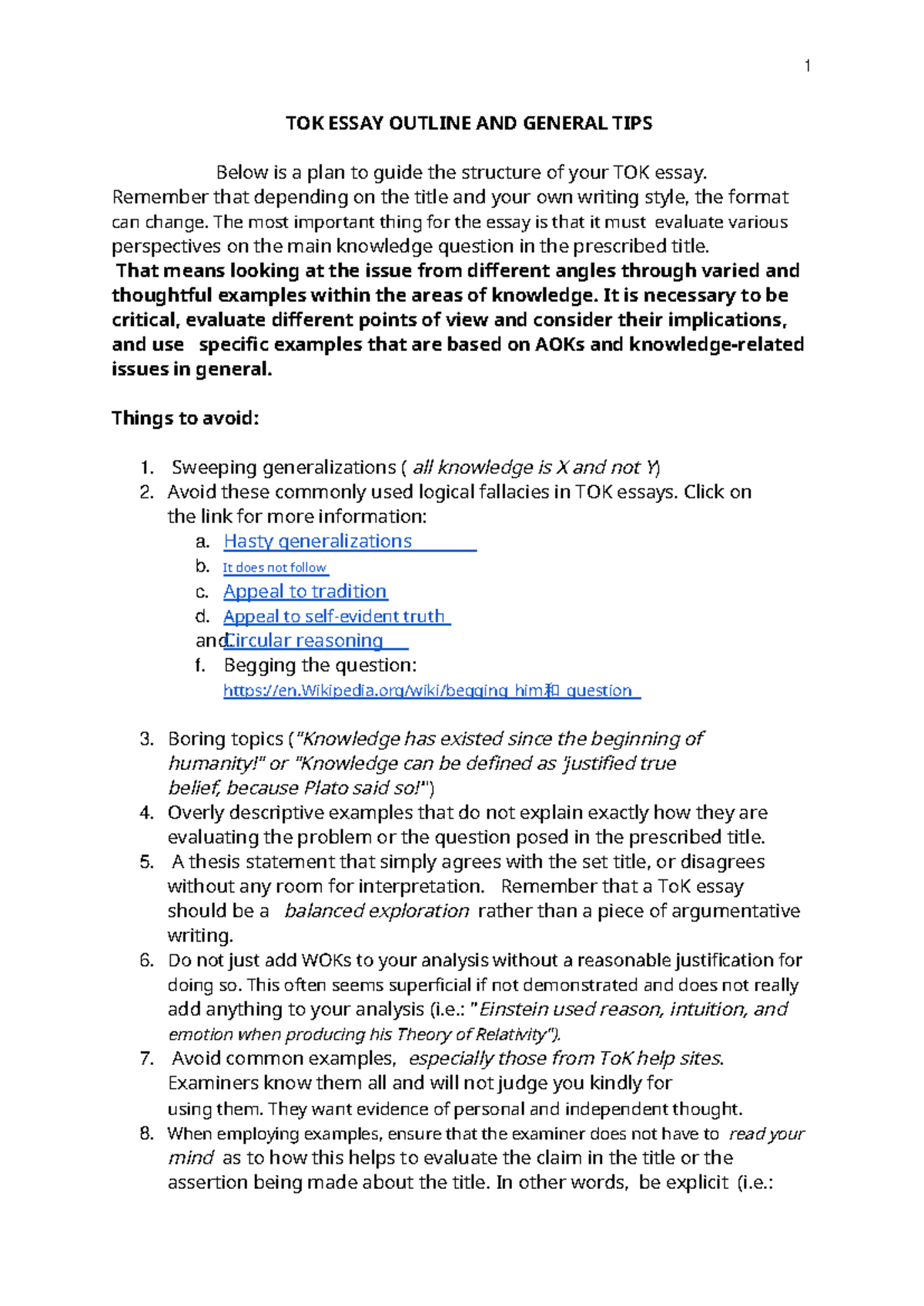 TOK Essay Outline and General Tips - Studocu