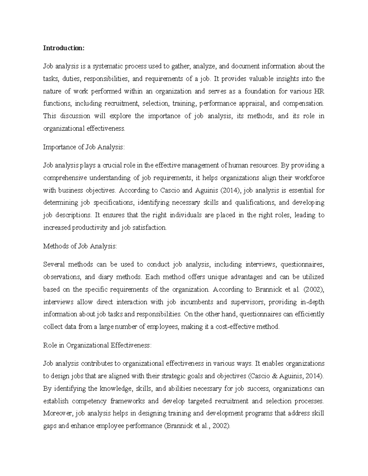 Job Analysis: Final Overview of Methods and Importance - Studocu