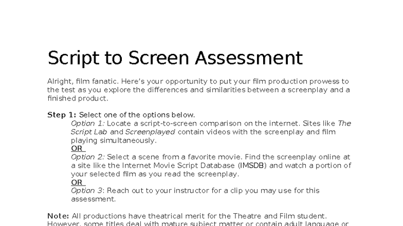 Script to Screen Assessment: Analyzing Film vs. Screenplay - Studocu