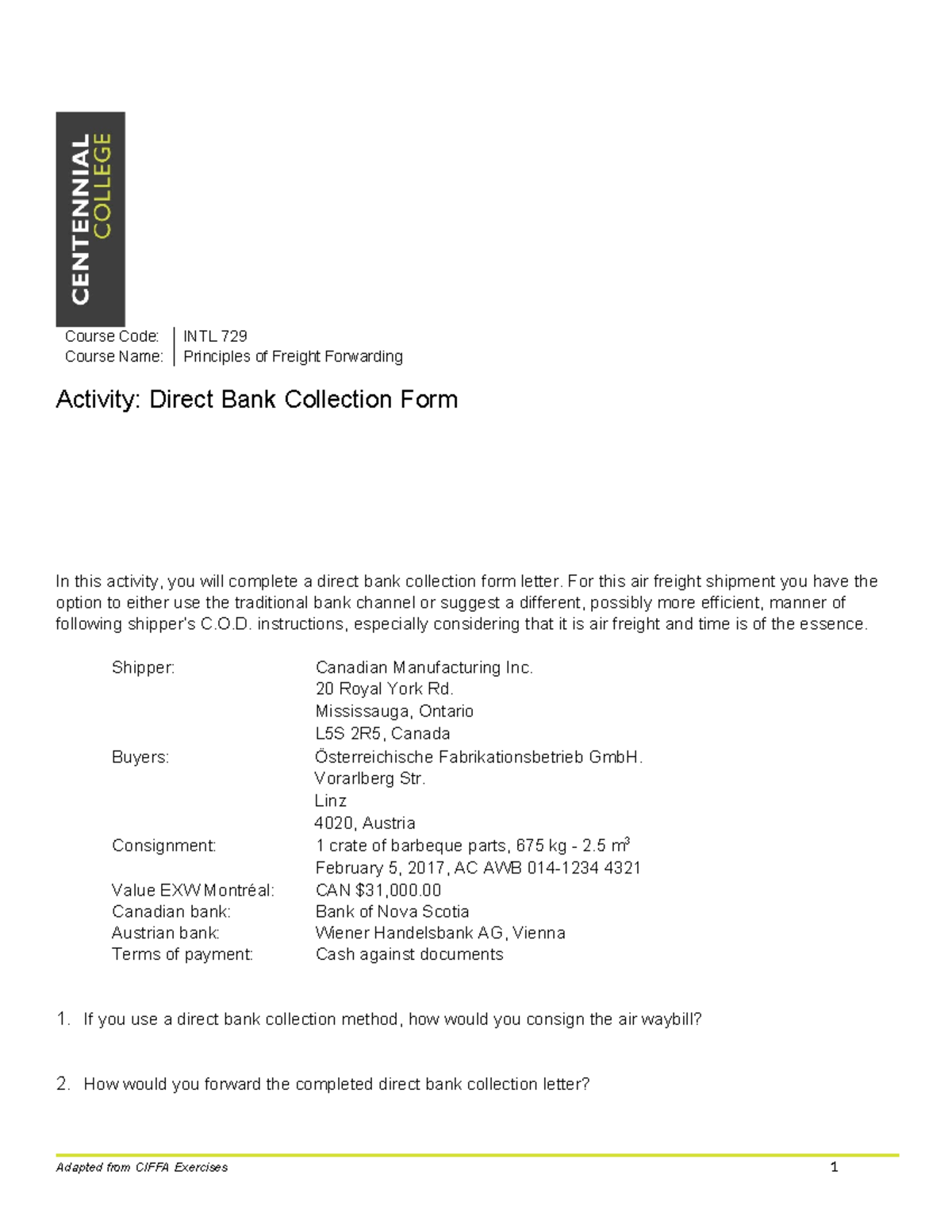 INTL729 Final Activity: Direct Bank Collection Form Completion - Studocu