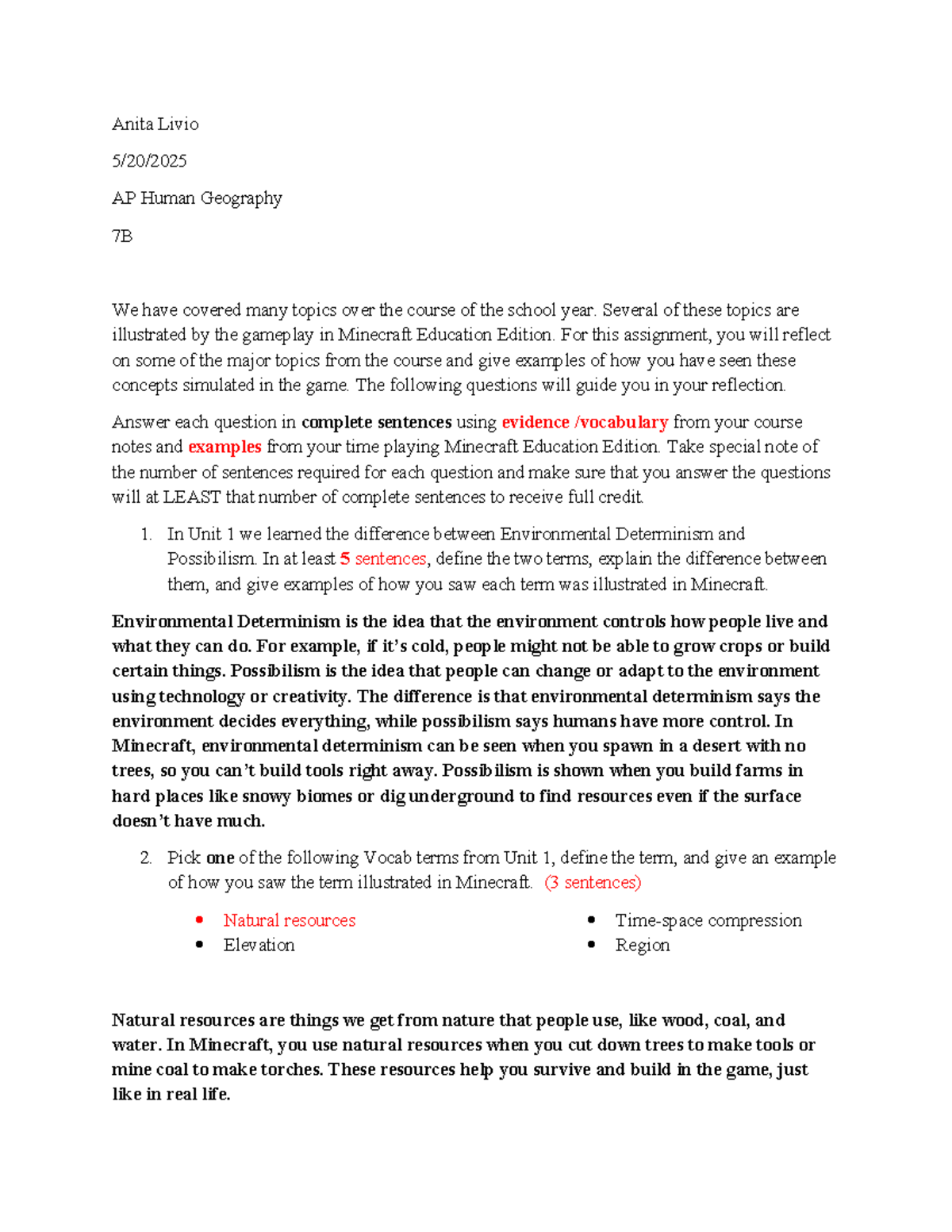 AP Human Geography 7B: Minecraft Project Reflection Questions - Studocu
