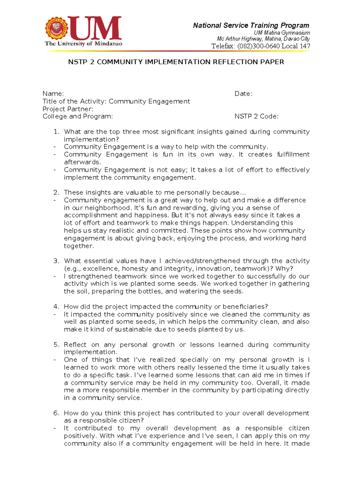 NSTP 2 Community Implementation Reflection Paper - Studocu