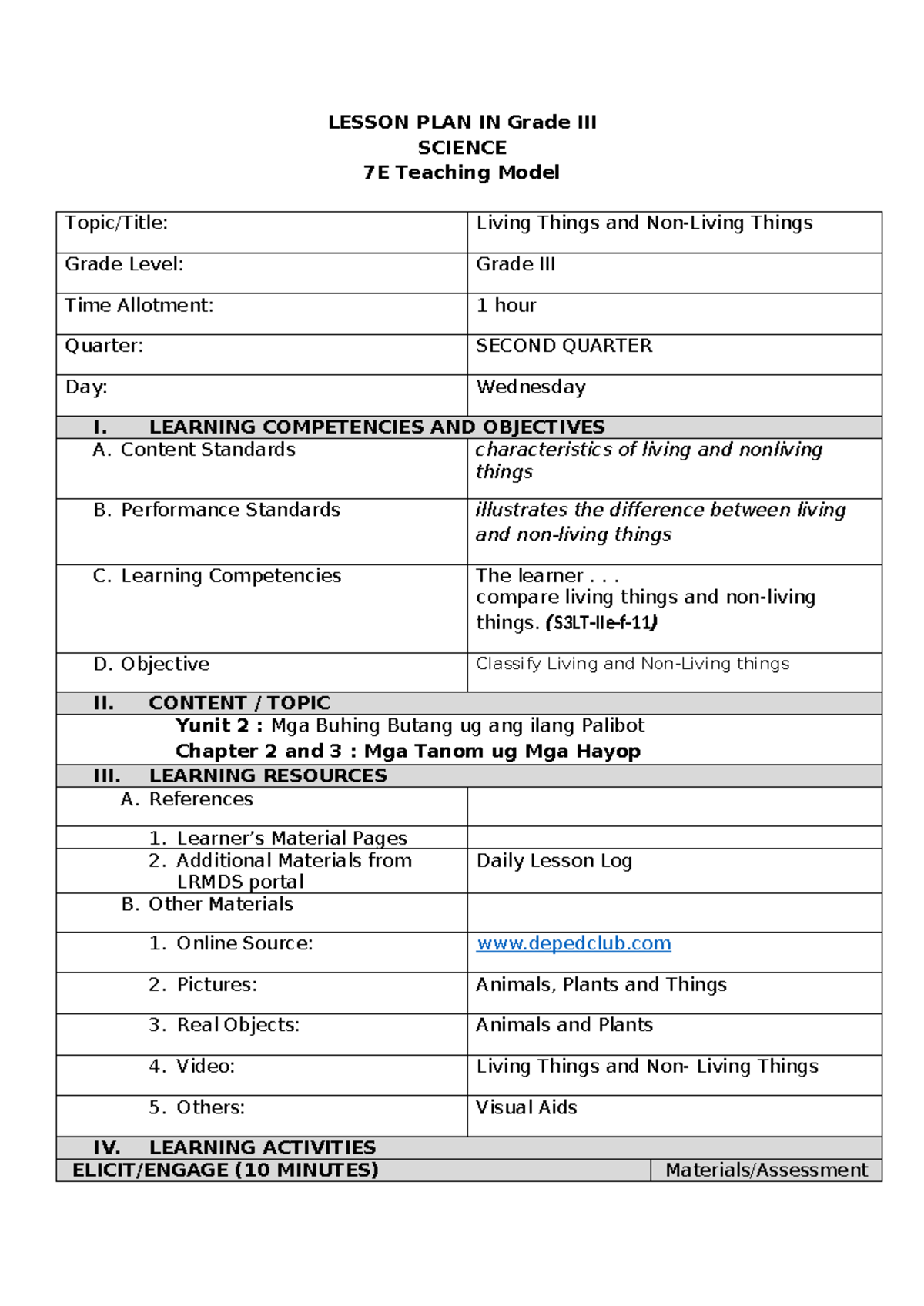 Lesson Plan for Grade 7E Science: Living vs Non-Living Things - Studocu