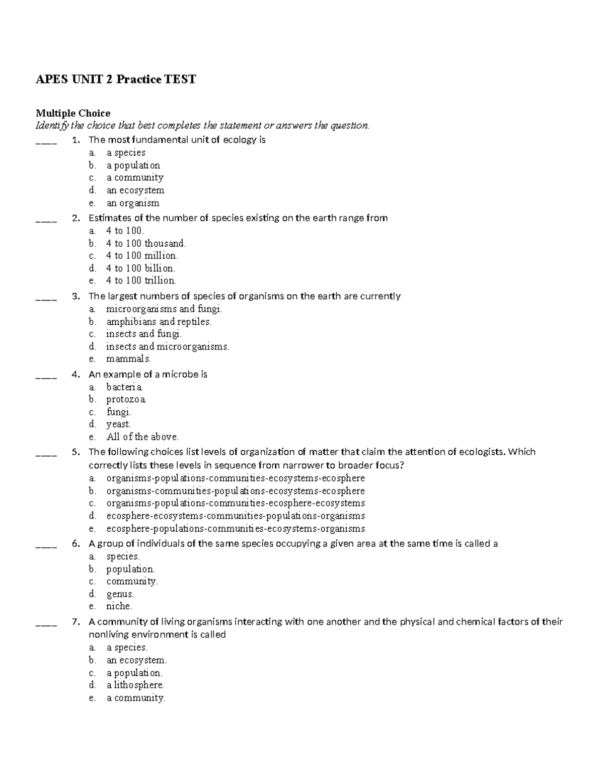 APES UNIT 2 Practice Test: Ecology Concepts and Multiple Choice ...