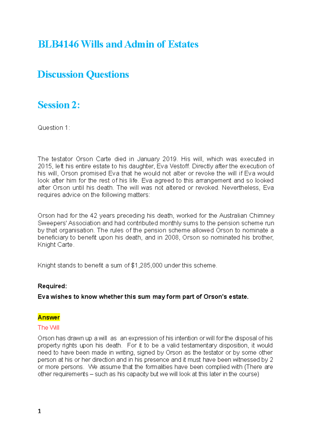 BLB4146 Wills and Admin of Estates Discussion Problems Session 2 ...