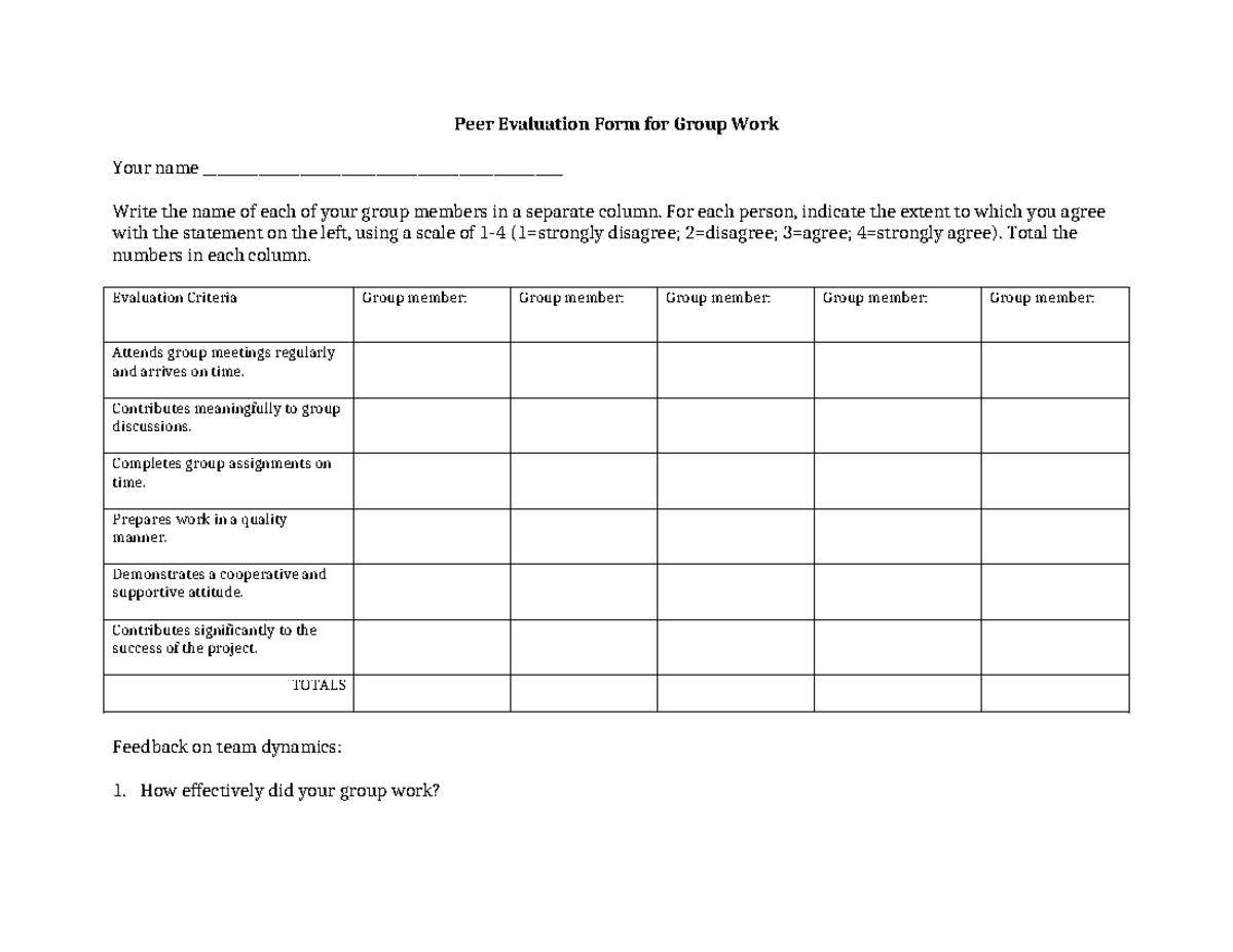 Peer Evaluation Form for Group Work (Course Code: TBD) - Studocu