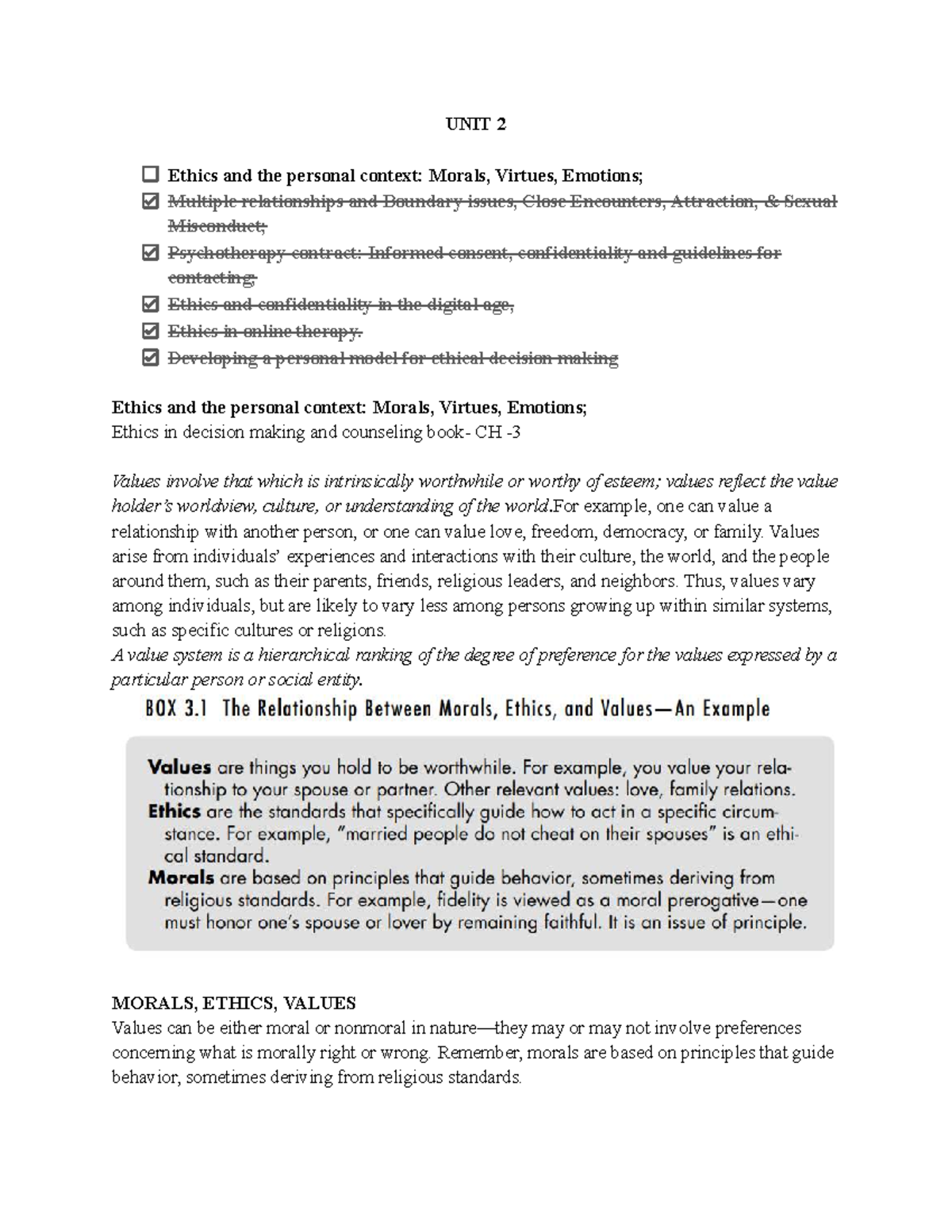 UNIT 2 - Ethics in Counseling: Morals, Values, and Online Therapy ...