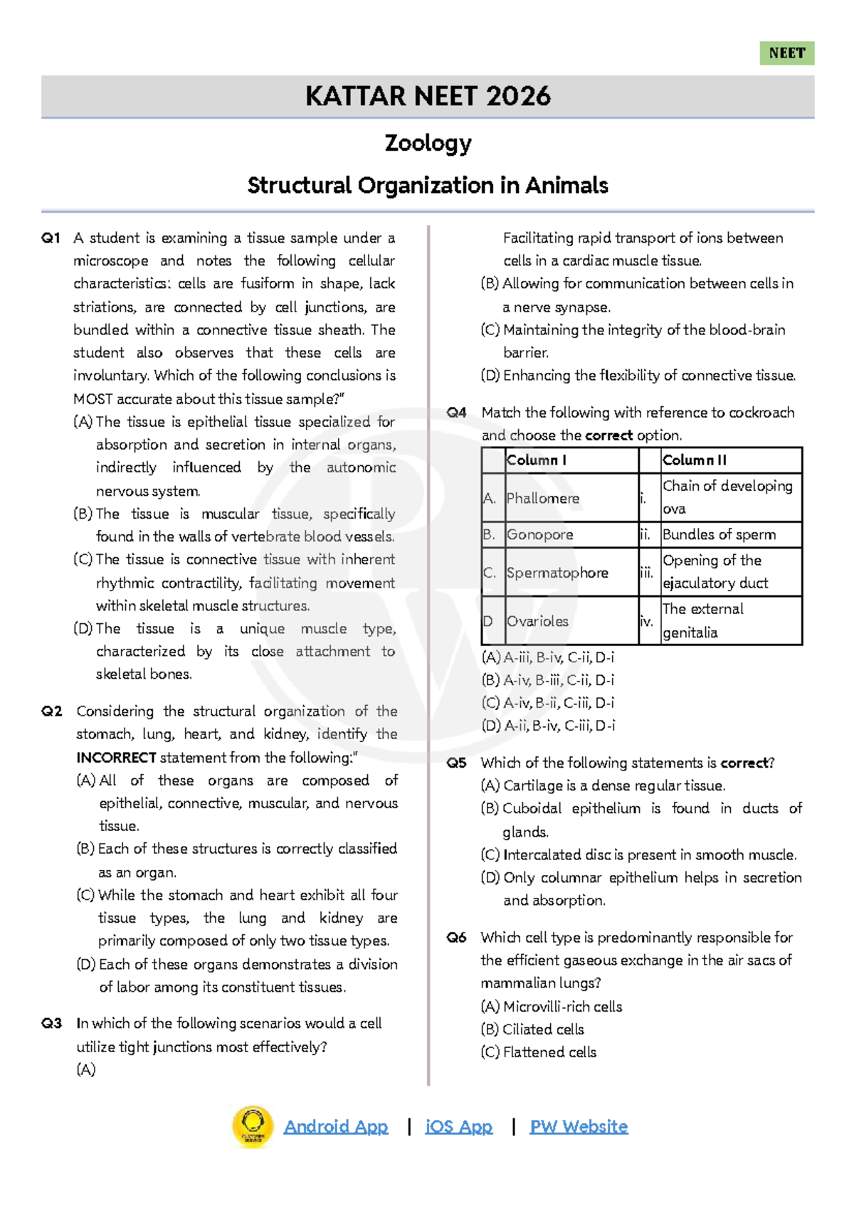 Kattar NEET 2026 Zoology Final Exam: Structural Organization in Animals ...