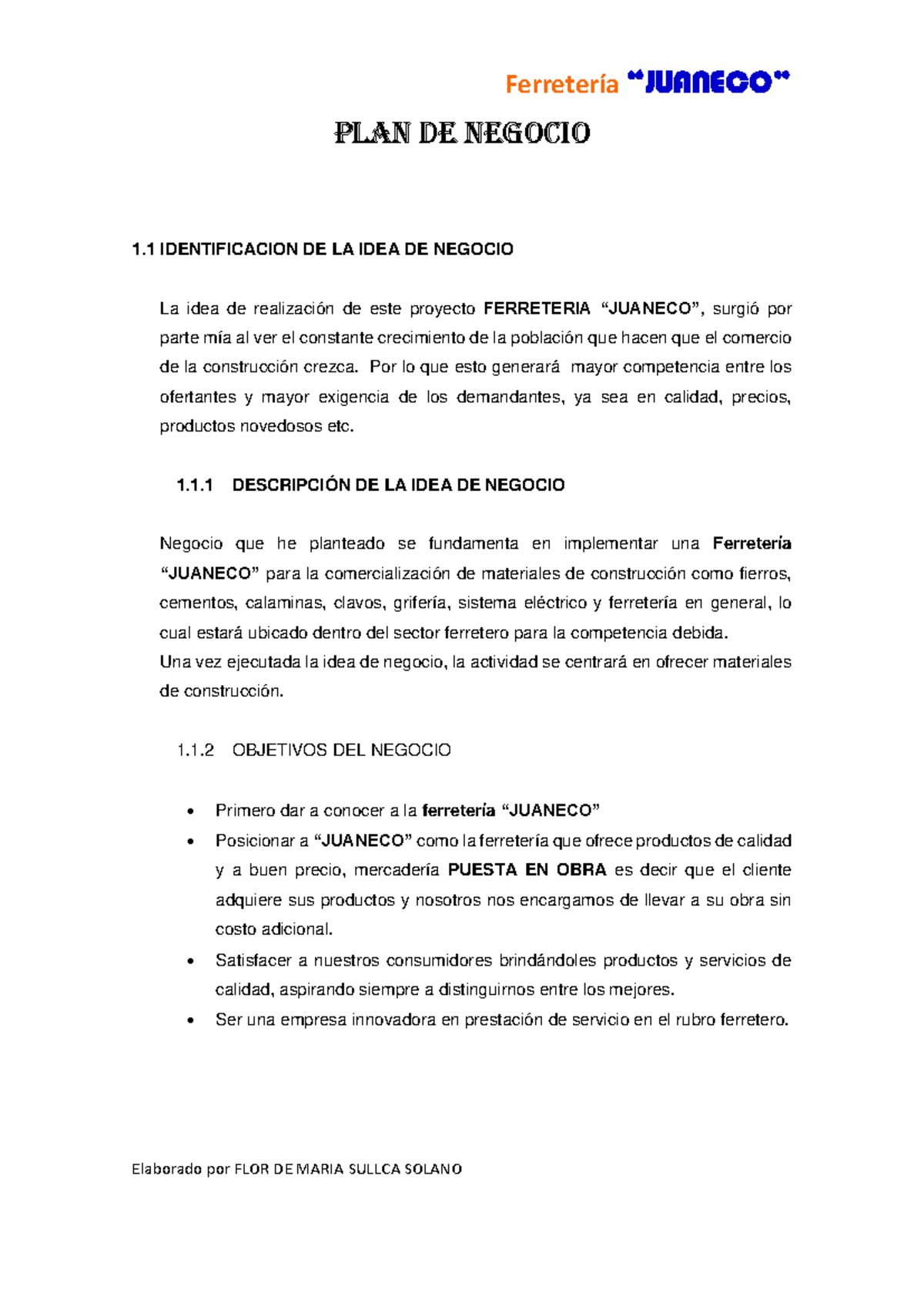 Plan de Negocio: Ferretería 