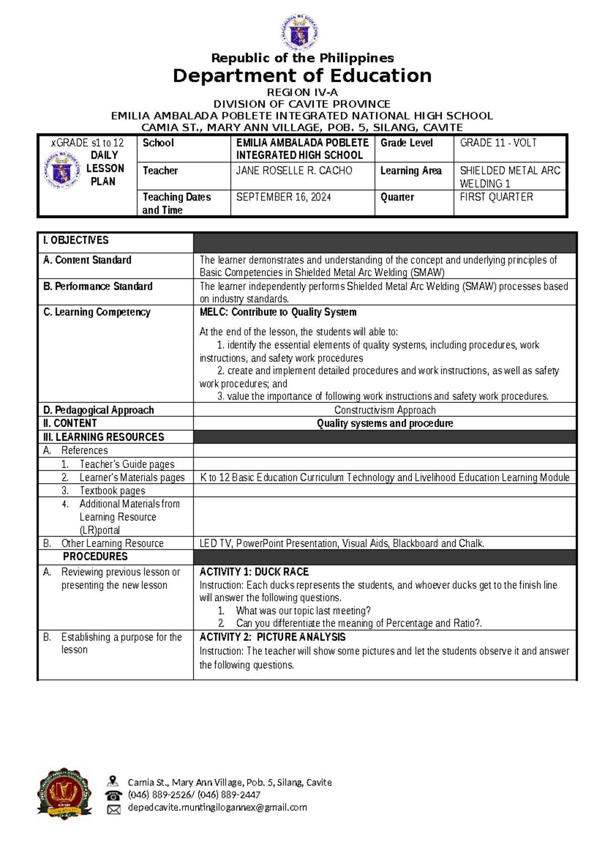 TLE - SMAW Grade 11 Daily Lesson Plan Q1 Week 8 Day 1 by J. Cacho - Document Preview