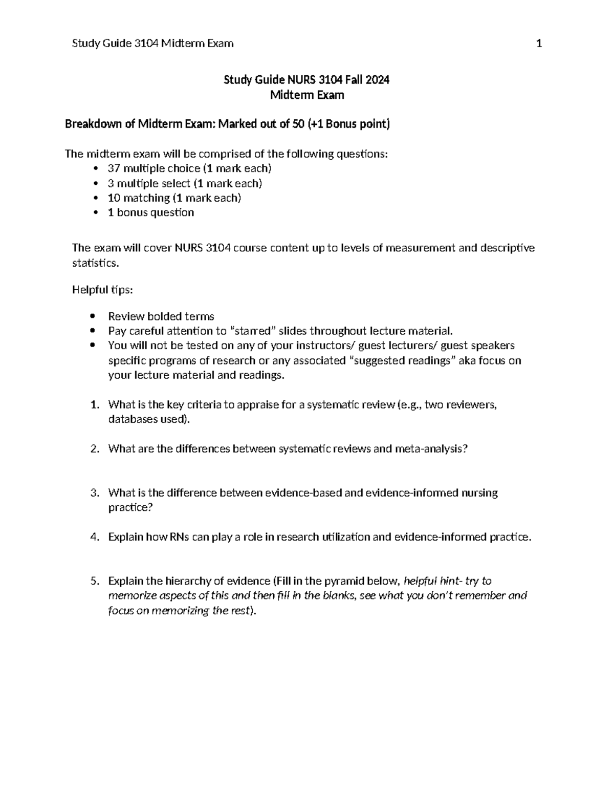 Study Guide 3104 Midterm Exam Fall 2024 - Study Guide NURS 3104 Fall ...