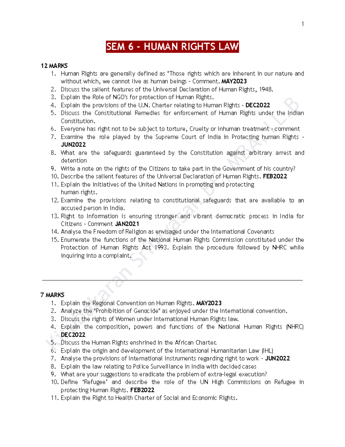 SEM 6 - Human Rights Law - Comprehensive Lecture Notes for LLB - Studocu