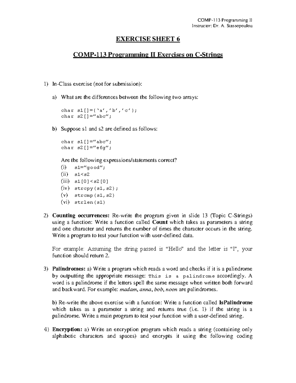 Exercises Strings 20 - COMP- 113 Programming II Instructor: Dr. A ...