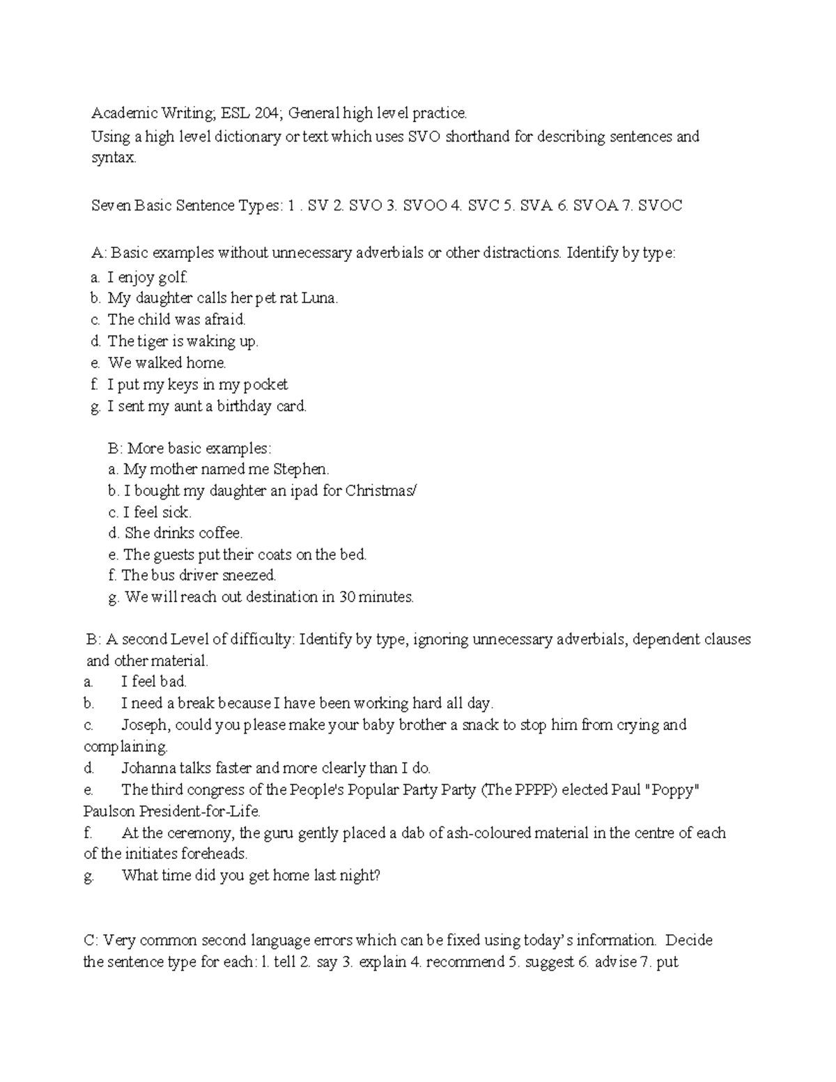 R25 SVO Sentence Types: High-Level ESL Practice Guide - Studocu
