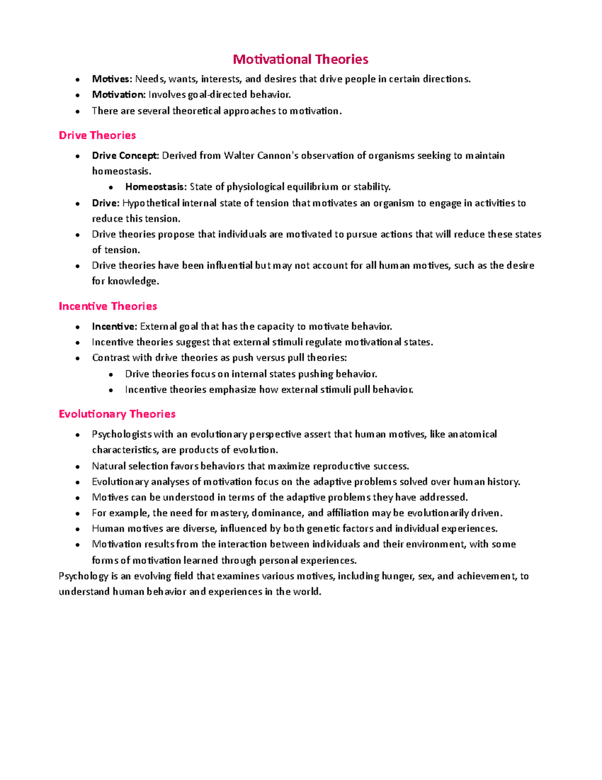 Chapter 9 - Summary Introduction to Psychology - MoƟvaƟonal Theories ...