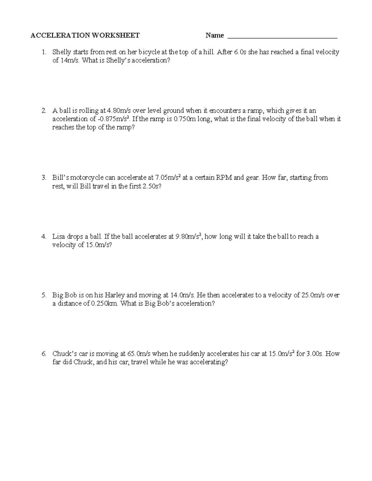 Acceleration Worksheet: Problem Set and Solutions - Studocu