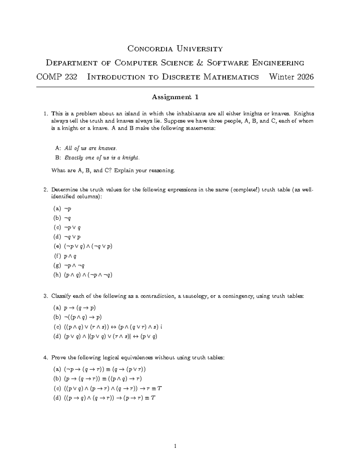 COMP 232 Winter 2026 Assignment 1: Discrete Math Logic Problems - Studocu