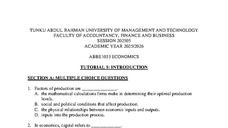 ABBE1033 Economics Tutorial 1: Intro & MCQs on Production Factors - Studocu